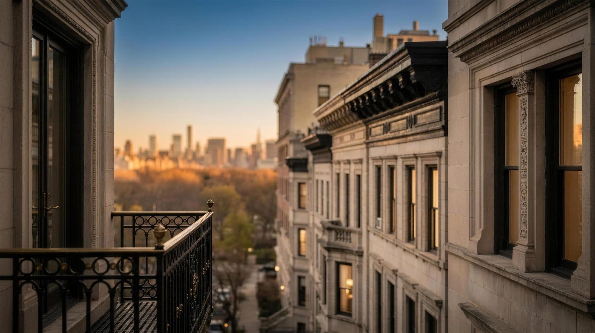 Upper West Side pre-war apartment buildings at golden hour
